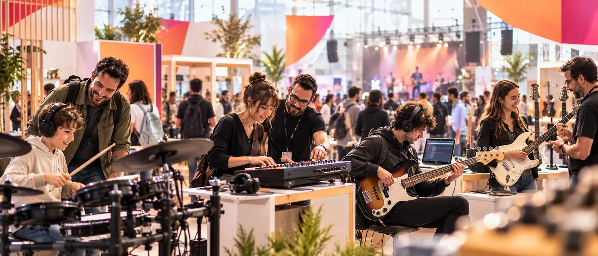 Des visiteurs de tous âges essaient une batterie, un clavier, une basse et une guitare dans une halle lumineuse.