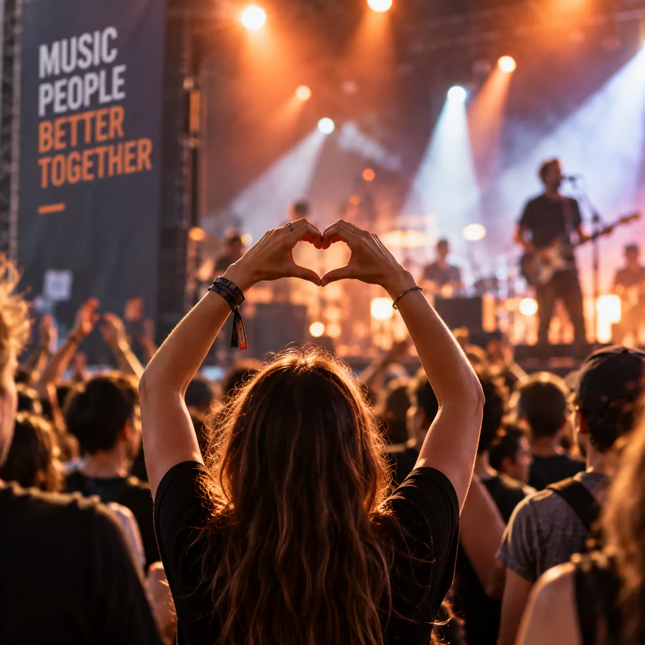 Au milieu d’une foule en concert, une spectatrice forme un cœur avec ses mains.