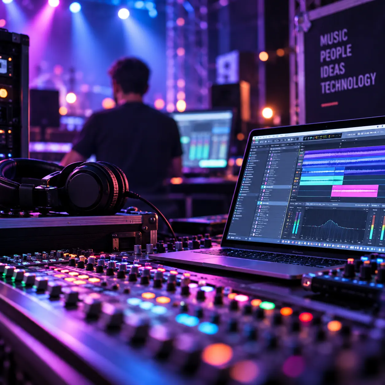 Une console de mixage éclairée et un ordinateur ouvert sur un logiciel de production musicale.